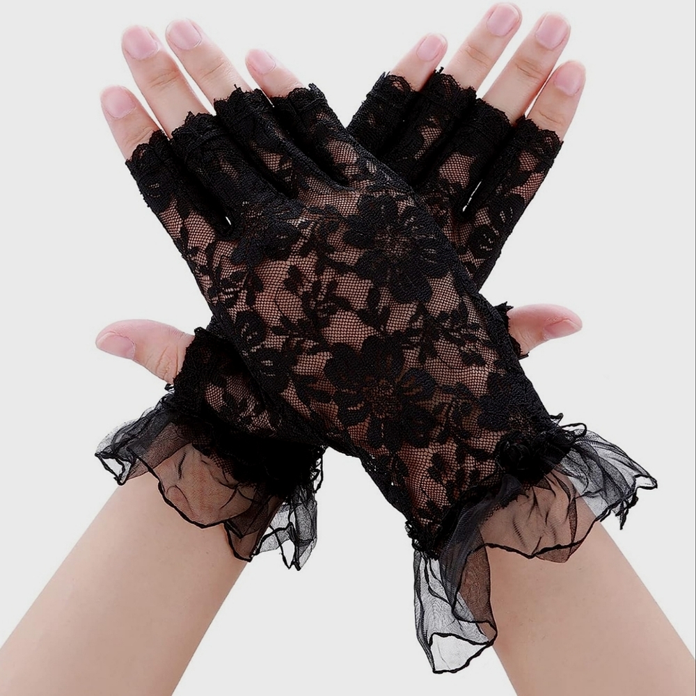 Elegant Black Lace Fingerless Gloves Ruffled Tea Party Bridal Wedding Church NWT - Picture 2 of 2